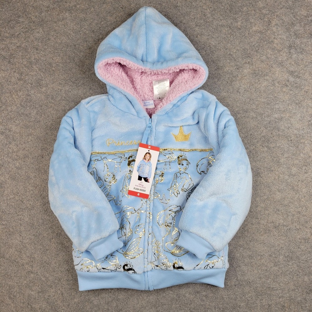 Disney Hoodie Girls 6 Blue Princess‎ Plush Full Zip Fleece Graphic Sweatshirt